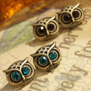 Owl Studs Earrings Blue Jewels Eyes